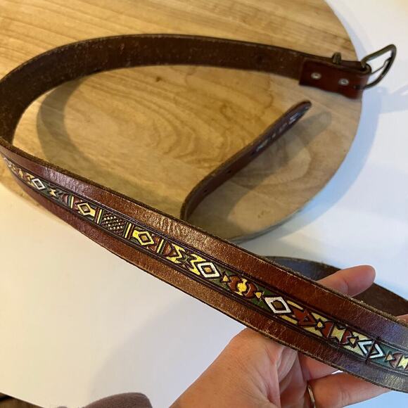 Brown Painted Tooled Southwestern Genuine Leather Brass Buckle Belt Size Large - Picture 5 of 12